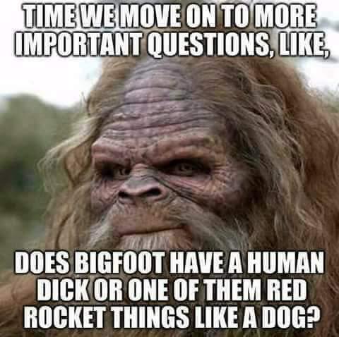 TIMEWE MOVE ON TO MORE IMPORTANT QUESTIONS, LIKE, DOES BIGFOOT HAVE A HUMAN DICKOR ONE OF THEM RED ROCKET THINGS LIKE DOG?