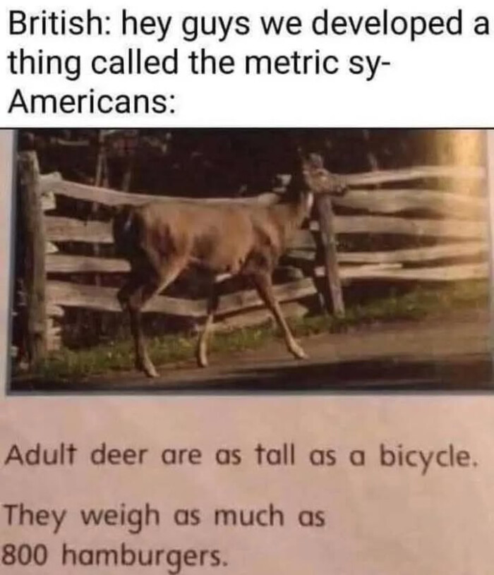 British: hey guys we developed a thing called the metric sy- Americans: Adult deer are as tall bicycle. They weigh much 800 hamburgers.