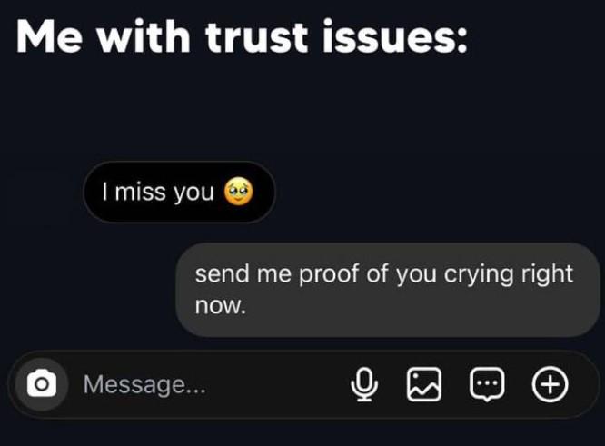 Me with trust issues: I miss you Gd send me proof of crying right now. Message... O