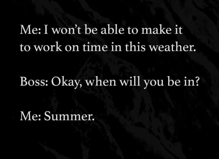 able to make it work on time in this weather. Boss: Okay, when will you in? Summer.
