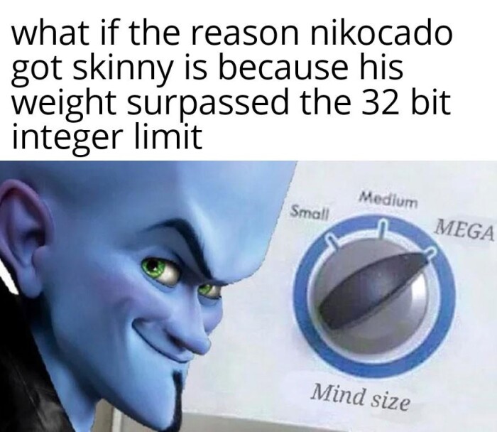 what if the reason nikocado got skinny is because his weight surpassed 32 bit integer limit Medium Small MEGA Mind size