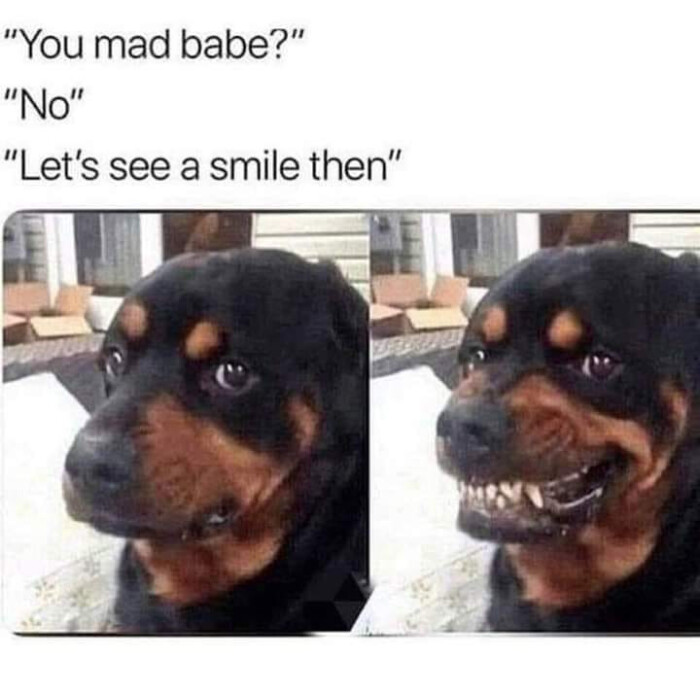 "You mad babe?" "No" "Let's see a smile then"