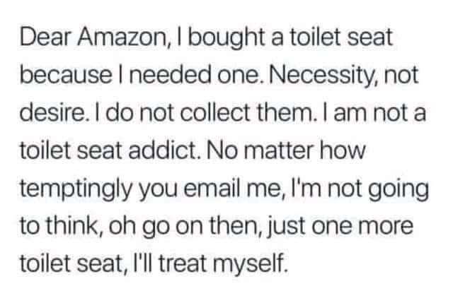 Dear Amazon, I bought a toilet seat because needed one. Necessity, not desire. do collect them. am addict. No matter how temptingly you email me, I'm going to think, oh go on then, just one more seat, I'll treat myself.