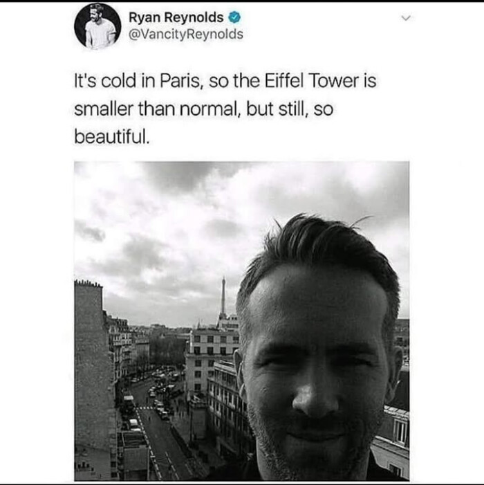 Ryan Reynolds It's cold in Paris, so the Eiffel Tower is smaller than normal, but still, beautiful.