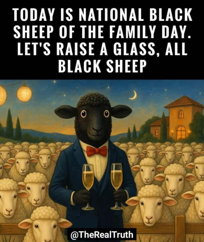 TODAY IS NATIONAL BLACK SHEEP OF THE FAMILY DAY. LET'S RAISE A GLASS, ALL