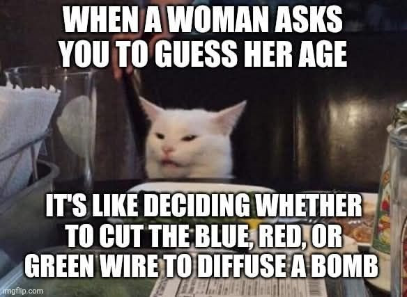 WHEN A WOMAN ASKS YOU TO GUESS HER AGE IT'S LIKE DECIDING WHETHER CUT THE BLUE, RED, OR GREEN WIRETO DIFFUSE BOMB iingflip.com