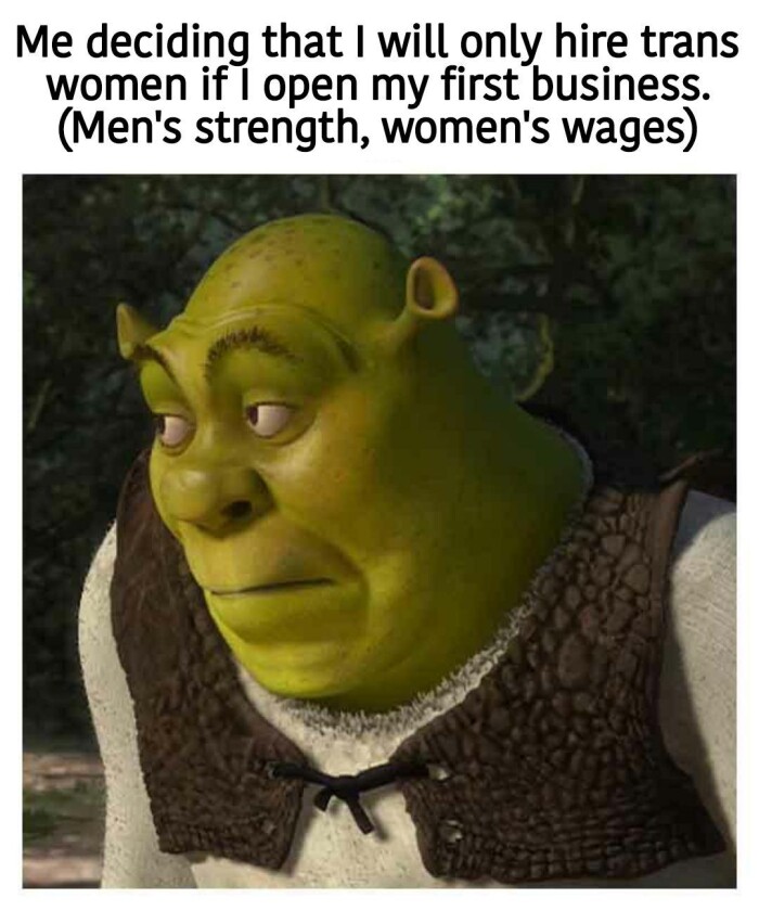 Me deciding that I will only hire trans women if 1 open my first business. (Men's strength, women's wages)