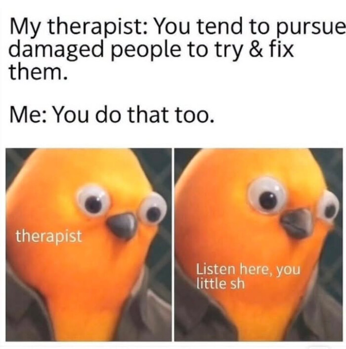 My therapist: You tend to pursue damaged people try & fix them. Me: do that too. therapist Listen here, you little sh