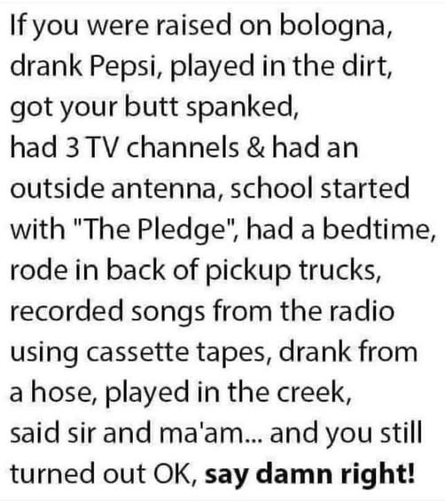 If you were raised on bologna, drank Pepsi, played in the dirt, got your spanked, had 3 TV channels & an outside antenna, school started with "The Pledge", a bedtime, rode back of pickup trucks, recorded songs from radio using cassette tapes, hose, creek, said sir and ma'am... still turned out OK, say right!
