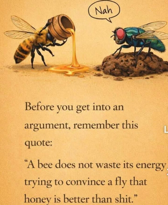 Nah Before you get into an argument, remember this quote: "A bee does not waste its energy trying to convince a fly that honev is better than ."
