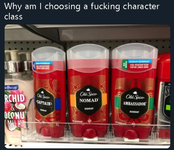 Why am I choosing a character class MASON ONE BEE loftsoap RCHID 89 OCONU Or Scice>> CAPTAIN; Old Spice NOMAD Spice, AMBASSADOR