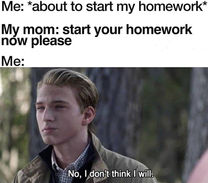 start my homework* My mom: your homework now please No, I don't think will.