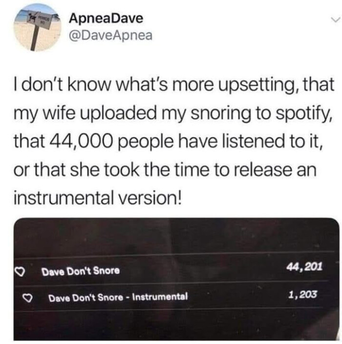 ApneaDave Idon't know what's more upsetting, that my wife uploaded snoring to spotify,