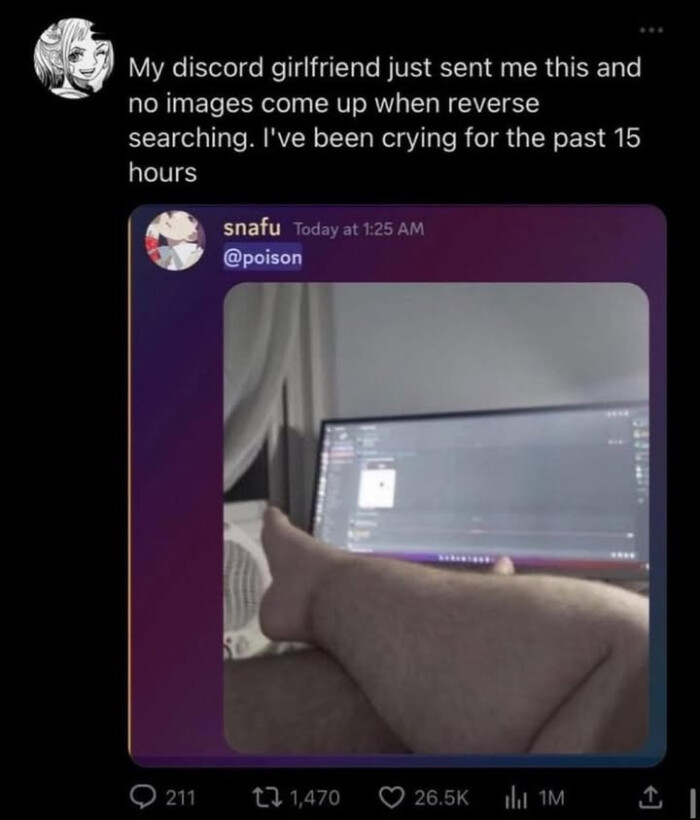 My discord girlfriend just sent me this and no images come up when reverse searching. I've been crying for the past