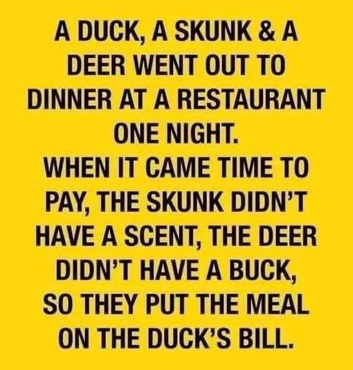 A DUCK, SKUNK & DEER WENT OUT TO DINNER AT RESTAURANT ONE NIGHT. WHEN IT CAME TIME PAY, THE DIDN'T HAVE SCENT, BUCK, SO THEY PUT MEAL ON DUCK'S BILL.