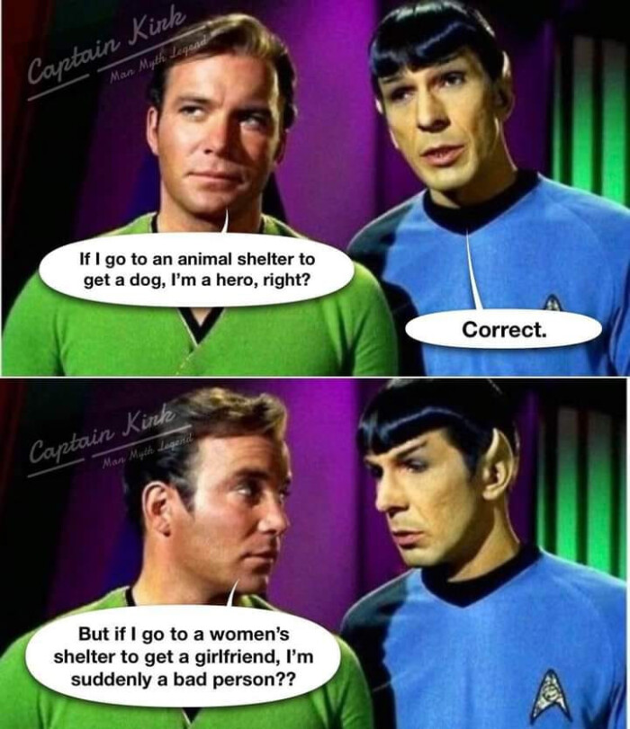 Captain Kuck Man Myth, If I go to an animal shelter get a dog, I'm hero, right? Kink Much La But if women's girlfriend, l'm suddenly bad person?? Correct.