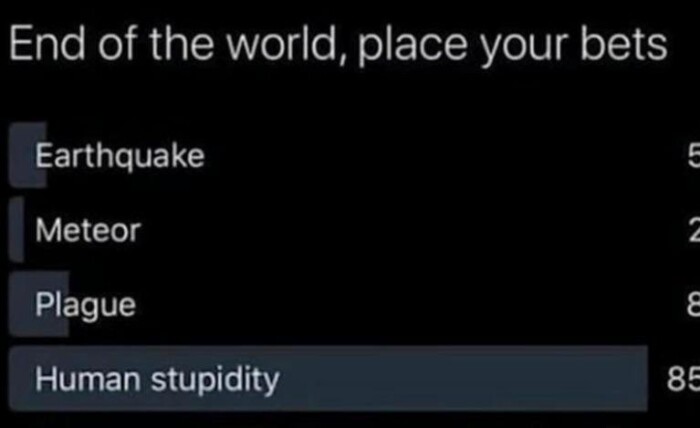 End of the world, place your bets Earthquake Meteor Plague Human stupidity E 85