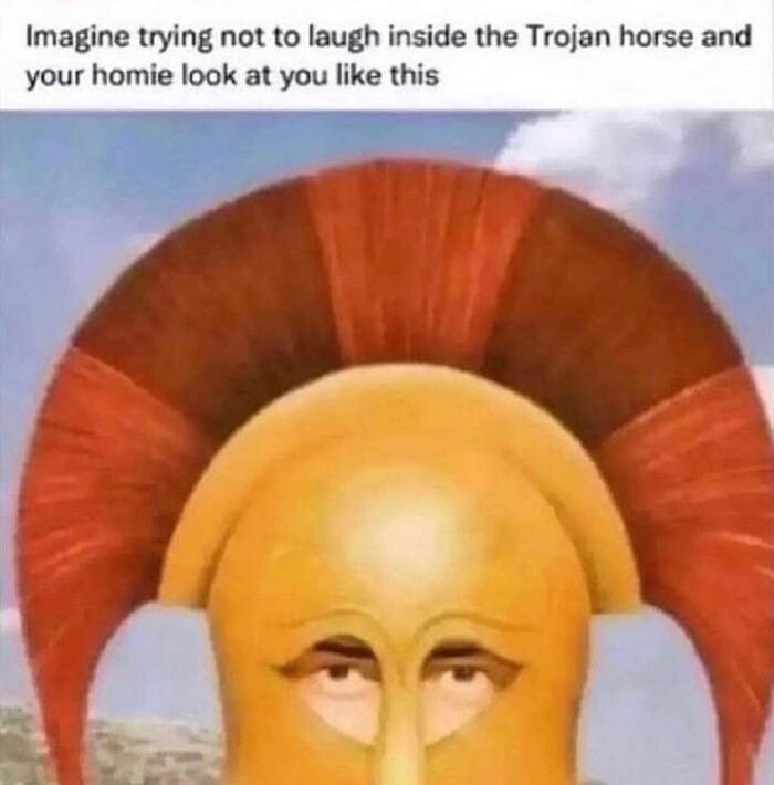 Imagine trying not to laugh inside the Trojan horse and your homie look at you like this
