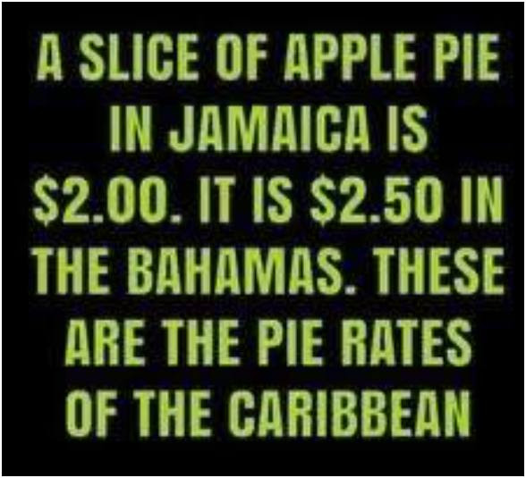 A SLICE OF APPLE PIE IN JAMAICA IS $2.00. IT $2.50 THE BAHAMAS. THESE ARE RATES CARIBBEAN