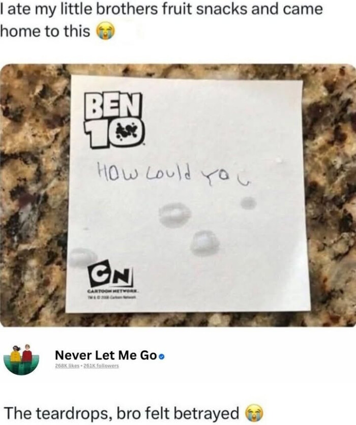 I ate my little brothers fruit snacks and came home to this BEN HOw Lould you eN Never Let Me Goo Ilkes ers The teardrops, bro felt betrayed
