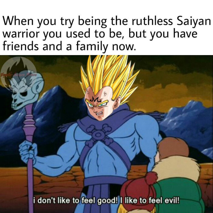 When you try being the ruthless Saiyan warrior used to be, but have friends and a family now. i don't like feel good! I evil!