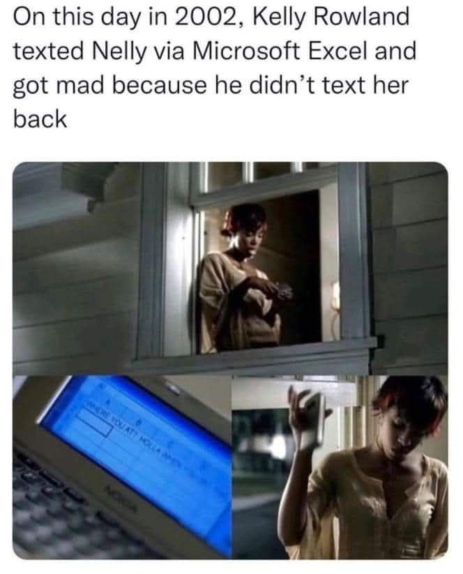 On this day in 2002, Kelly Rowland texted Nelly via Microsoft Excel and got mad because he didn't text her back