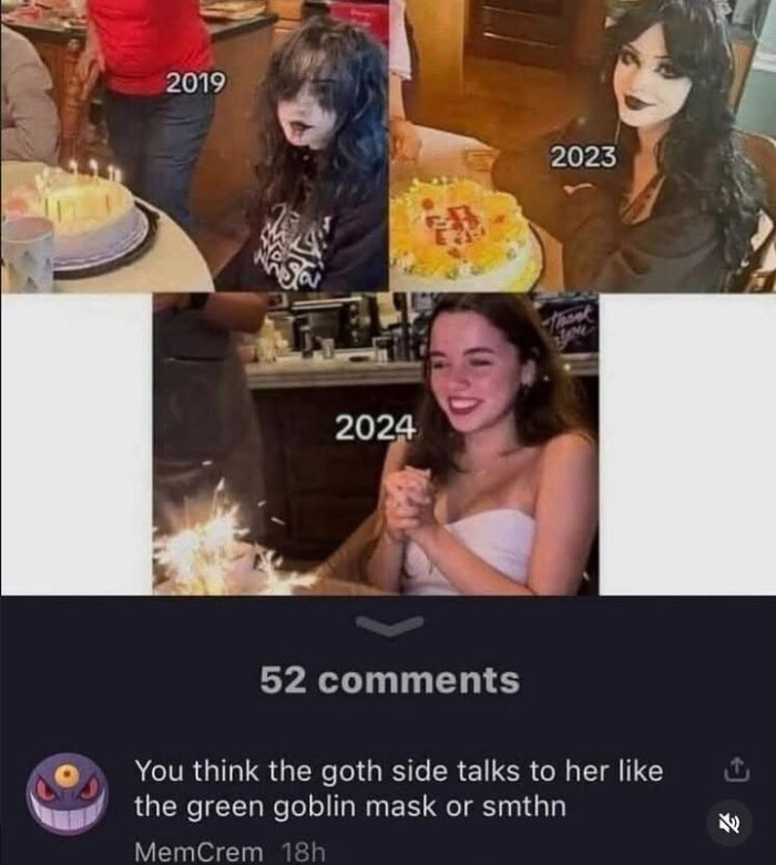 comments You think the goth side talks to her like green goblin mask or smthn MemCrem